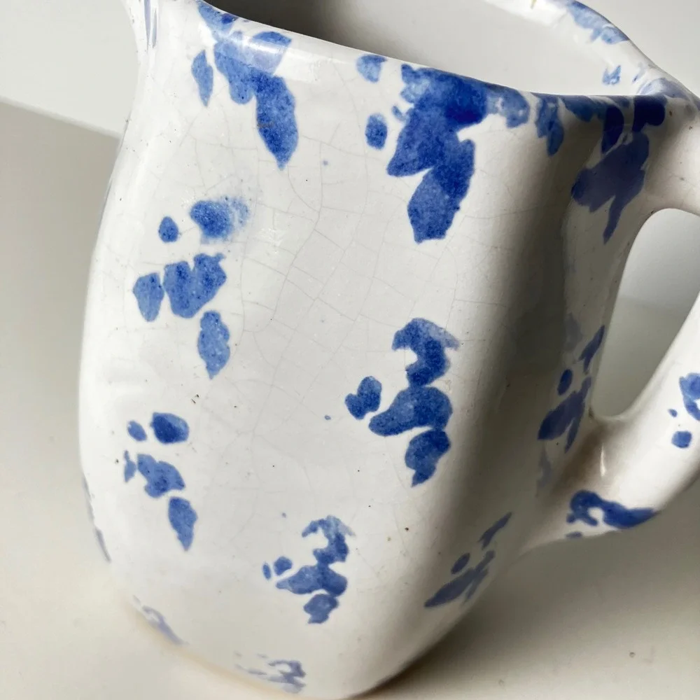 Bybee Pottery Pitcher Creamer 6in White Blue Spongeware Vintage Kentucky BB